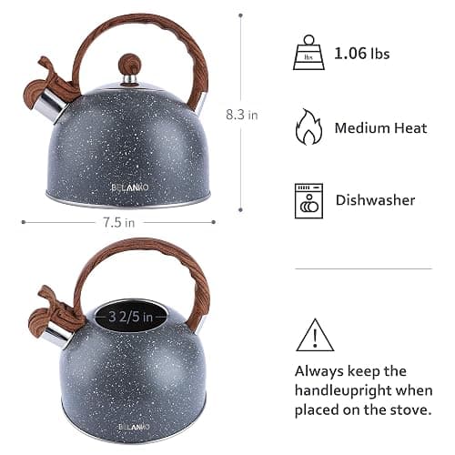 Tea Kettle, 2.3 Quart / 2.5 Liter BELANKO Stainless Steel Tea Kettles, Food Grade Stovetops Tea pot with Wood Pattern Handle Loud Whistling for Tea, Coffee, Milk etc, Gas Electric Applicable - Gray thumbnail 3