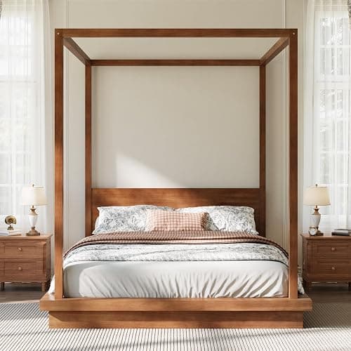 Merax Queen Wooden Canopy Platform Bed with Headboard,Brown thumbnail 3