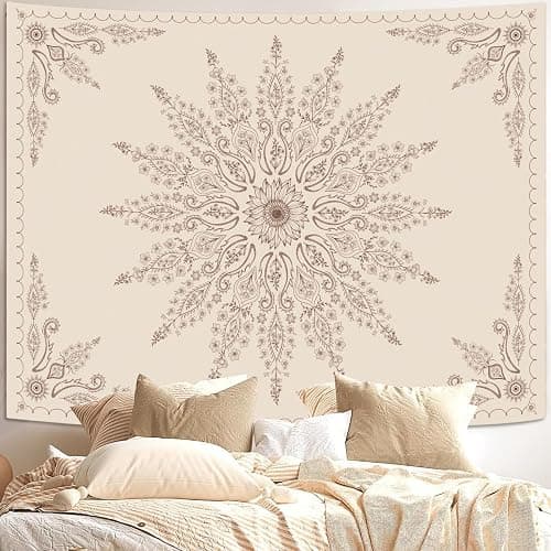 Fowocu Boho Floral Mandala Tapestry for Bedroom Aesthetic Bohemian Flower Wall Tapestry Beige Hippie Indian Small Tapestries Wall Hanging for Living Room Dorm Decor 40 x 30 Inch - Image 1