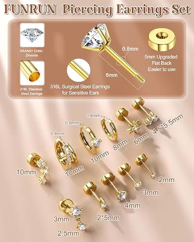 FUNRUN JEWELRY 20G Helix Piercing Jewelry Cartilage Earrings for Women | Hypoallergenic Surgical Stainless Steel Gold Flat Back Stud Hoop Earring Set for Daith Tragus Conch Body Piercing Jewelry thumbnail 6