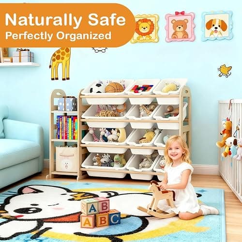 Toy Storage Organizer, Wooden Toy Organizers and Storage with Bookshelf, Toy Storage Shelf with 3 Shelves and 12 Storage Bins, Kids Bookshelf for Playroom, Nursery, Bedroom, Bookcase for Kids, White thumbnail 3