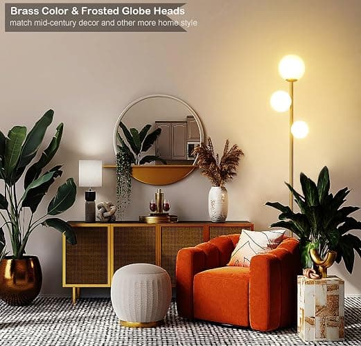 Fiqevs 3 Globe Mid Century Modern Floor Lamp for Living Room, Gold Standing Lamp with Frosted Glass Shade and 3x2700K Warm LED Bulbs, Vintage Retro Tall Lamps for Bedrooms, Office - Antique Brass thumbnail 2