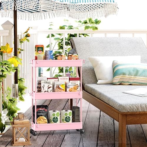 SPACEKEEPER Slim Rolling Storage Cart, 3 Tier Bathroom Organizer Utility Cart Laundry Room Organization Mobile Shelving Unit for Kitchen, Bathroom, Office, Bedroom, Narrow Places, Pink thumbnail 7