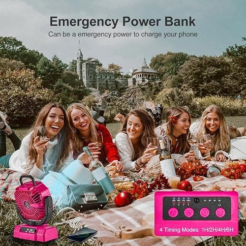 Odoland Portable Camping Fan with LED Lantern, 20000mAh Rechargeable Battery Powered Fan with Auto Oscillation, Timer, Remote, 360° Rotation Hook, 4 Speeds for Power Outage Travel Home, Pink thumbnail 4