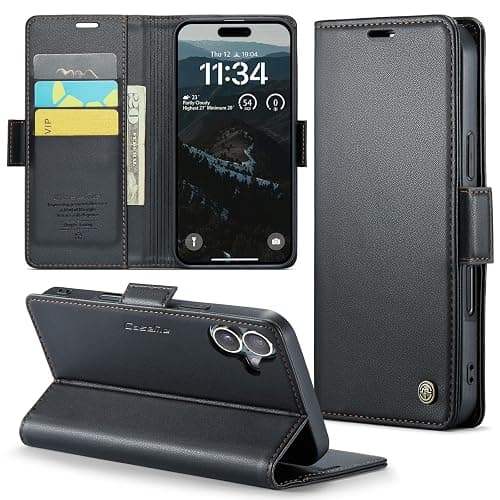 Rerzoiro for iPhone 16 Case 6.1 Inch, Premium PU Leather Wallet Case Flip Cover with [RFID Blocking][Card Holder][Stand Function] Shockproof Protective for iPhone 16, Black - Image 1