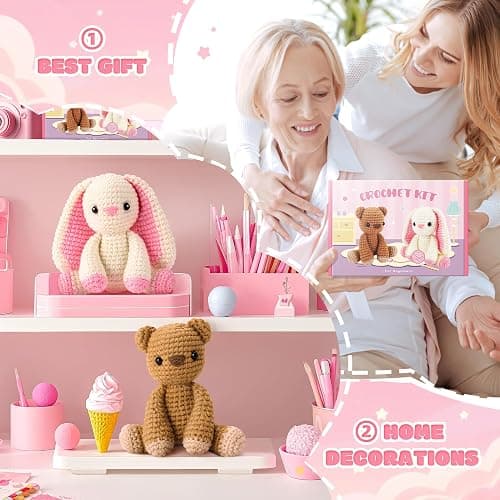 Easter Crochet Kit for Beginners, Bunny and Bear Crochet Kit with Step-by-Step Video Tutorials, Crocheting Kit for Starter, Beginner Crochet Kit for Adult, Stuffed Animal Knitting Kit for Valentines thumbnail 5