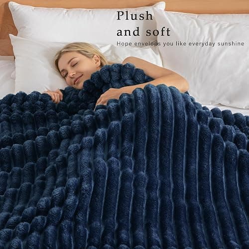 Exclusivo Mezcla Fleece Throw Blanket for Couch, Super Soft Striped Jacquard Bed Blanket, Lightweight Fuzzy Cozy for All Seasons, 50x60 Inches, Navy Blue thumbnail 3