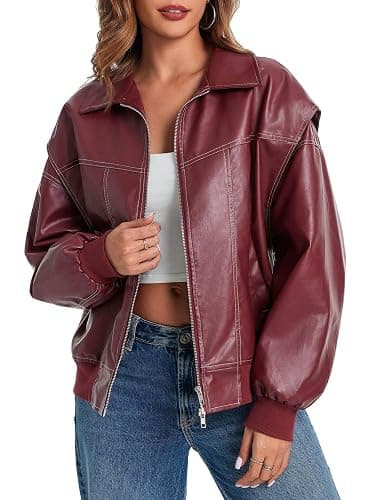 Tankaneo Womens Oversized Leather Bomber Jackets Cap Sleeve Zip Up Motorcycle Coats with Pockets thumbnail 5
