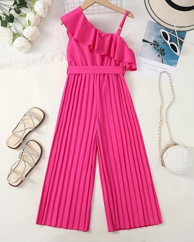 YOURUIKEY Girls' Jumpsuit Kids Ruffle Trim Halter Waist Belt Wide Leg Pleated Long Romper Tween Gilrs Summer Outfit Size 8-12 thumbnail 4