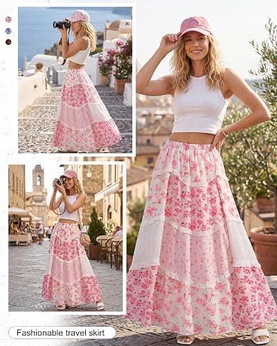 Cutecrop Women Patchwork Floral Maxi Skirt 2026 Summer Boho Flowy Long Skirt Casual Vacation Elastic Waist Tiered Ruffle Lace thumbnail 5