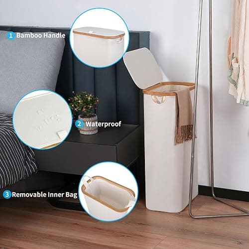 efluky Panier à Linge étroit 63L, Panier à Linge Mince avec Couvercle, Beige Bac à Linge Pliable avec Poignées en Bambou et sac Amovible pour Chambre, Salle de Bain, Buanderie - Beige - 63L thumbnail 4