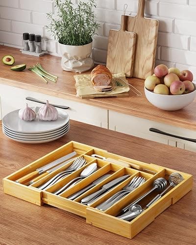 Kitsure Large Bamboo Silverware Organizer - Expandable Drawer Organizer for Utensil, Cutlery and Flatware, Kitchen Storage Solution with 6 to 8 Slots, Natural, 19.4" × 13.1" × 1.8" thumbnail 2