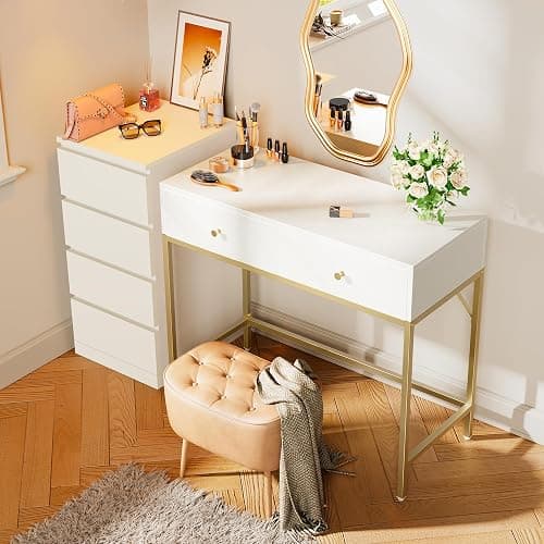 SUPERJARE 39.4" White and Gold Desk with 2 Drawers, Modern Makeup Vanity Desk, Small Computer Desk Home Office Desk for Writing Study Bedroom thumbnail 7