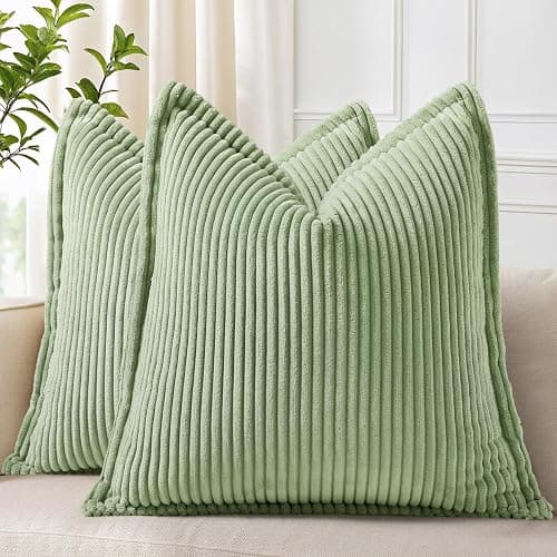 decorUhome Corduroy Sage Green Throw Pillow Covers 18x18 Set of 2 Decorative Soft Boho Farmhouse Euro Couch Pillow Covers for Living Room Bed Sofa Broadside Striped Pillow Cases - Image 1