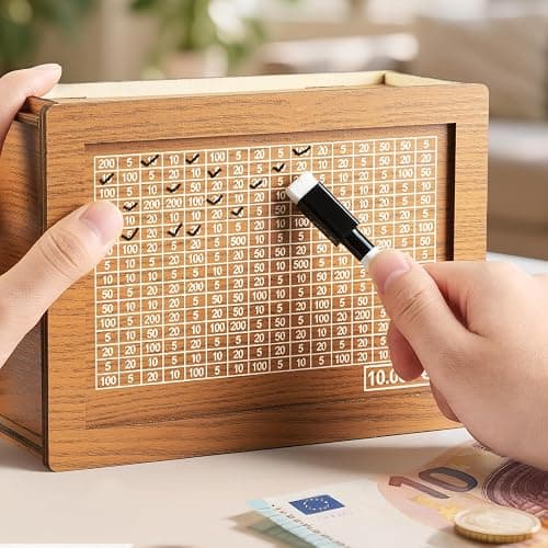 Tirelire en Bois avec Marqueur, 5000€ Tirelire avec Marqueur et Autocollants, Tirelire pour Objectif D'économie, Tirelire Réutilisable (500-10000€) thumbnail 2