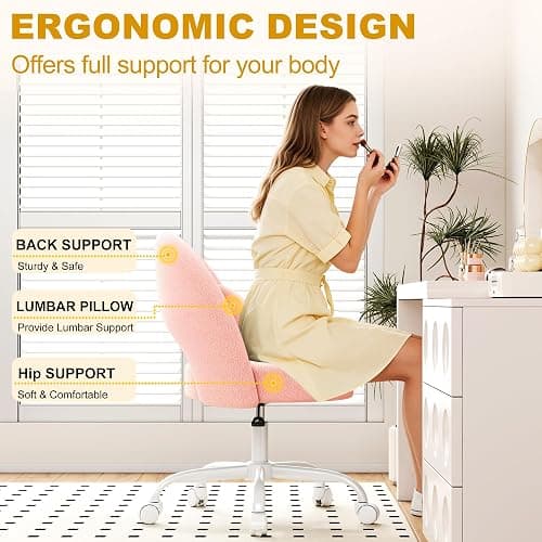 Misolant Vanity Chair with Back, Armless Cute Office Chair with Wheels for Girls, Teddy Fleece Fabric Small Desk Chairs with Adjustable Height, Lumbar Support Pillow, 360°Swivel for Makeup Room, Pink thumbnail 4