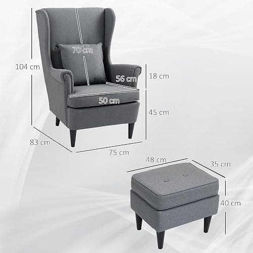 HOMCOM Poltrona Relax con Pouf Poggiapiedi, Cuscino e Schienale Alto, Poltroncina Camera da Letto in Tessuto Trapuntato con Gambe in Legno e Braccioli per Salotto e Soggiorno, 75x83x104 cm, Grigio thumbnail 3
