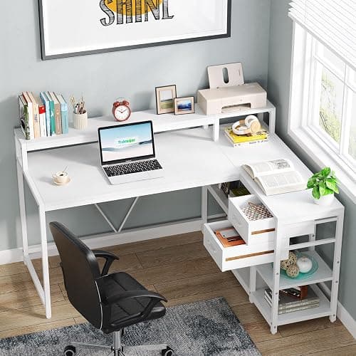 Tribesigns 55-inches Reversible L Shaped Desk with Drawer, Modern White L Corner Desk Home Office Table with Storage Shelves and Monitor Stand, Wooden and Metal PC Desk for Small Space thumbnail 3