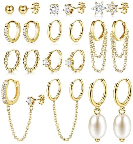 HAIAISO Small 14K Gold Plated Huggie Hoop Earrings for Women Lightweight Double Piercing Chain Earrings Dainty Stud Earrings Hypoallergenic 14K Gold Plated Hoop Earrings Set - Image 1