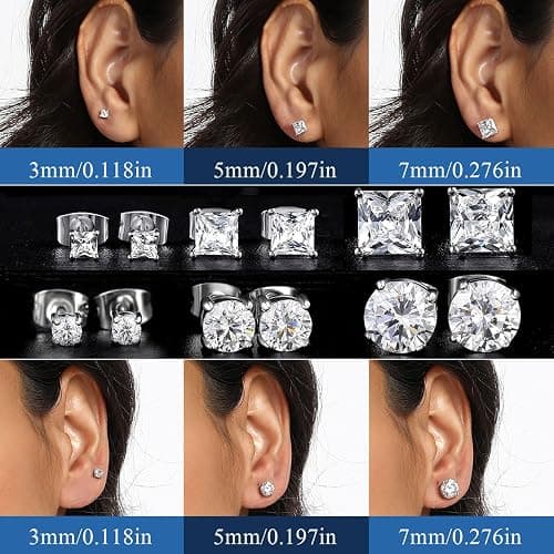 MDFUN 6 Pairs Stud Earrings Set 3mm/5mm/7mm Princess & Round Cubic Zirconia Earrings Hypoallergenic 316L Surgical Stainless Steel CZ Earrings for Women Men thumbnail 5