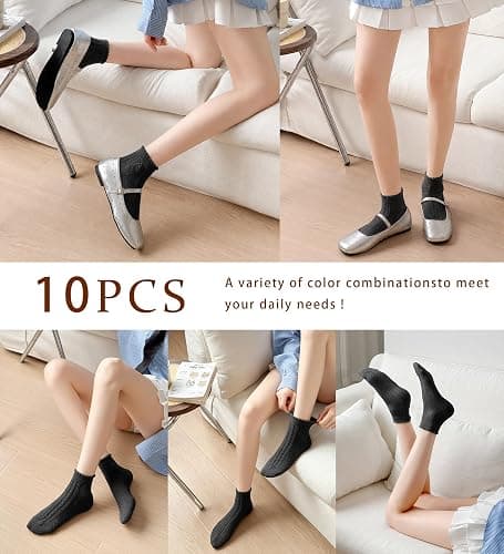 SIONCY 10 Pairs Ruffle Socks Women Cute Cotton Ankle Socks Casual Frilly Sock, Breathable, Low Cut Size 5-10 thumbnail 7
