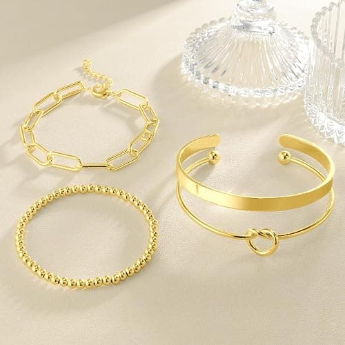 Reoxvo Gold Plated Bangle Cuff Bracelets for Women Non Tarnish Gold Bracelet Stack Jewelry Set for Women Trendy thumbnail 4