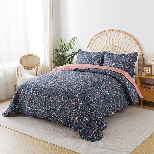 Travan 3-Piece Quilt Set Quilted Bedspread Lightweight Coverlet Set Garden Style Floral Printed Oversized Quilted Bedding Set for All Season, Blue Flower Sea, Queen Size thumbnail 2