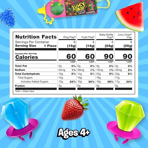 Candy Variety Pack, 18 Count Assorted Lollipops, Bulk Individually Wrapped Ring Pop, Push Pop, Baby Bottle Pop & Juicy Drop, Ideal for Birthdays, Party Favors for Kids & Hard Candy Gifts, 1.7 pounds thumbnail 2