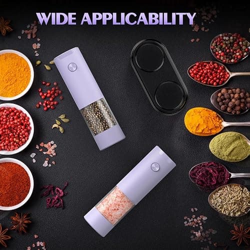 Salt and Pepper Grinder Set Christmas Gifts for Women Automatic Battery Purple Pepper Mill Shakers Kitchen Accessories Cooking for Mom, Adjustable Coarseness Salt Pepper Shakers White Elephant Gift thumbnail 2
