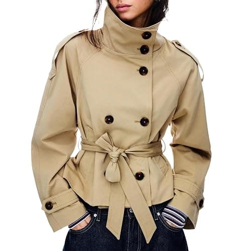 Maohao Women's Cropped Trench Coat Double Breasted Short Jacket High Collar Fall Winter Coats Trendy Outfit with Belt - Image 1