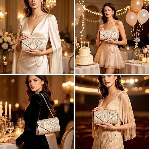 ERKOON Damen Clutches, elegante Abendhandtasche mit abnehmbarer Kette, Pailletten-Tasche für Hochzeit, Braut, Abschlussball und Party thumbnail 6