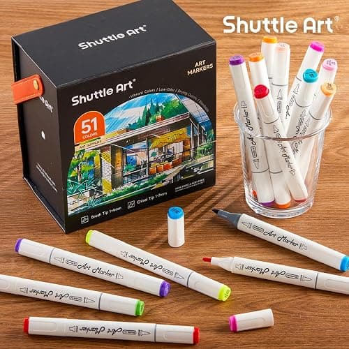 Shuttle Art Alcohol Markers Brush tip, Dual Tip Brush & Chisel Tip Art Marker Set, 50 Colors plus 1 Blender Permanent Marker Pens with Case Perfect for Illustration Students Adults Coloring thumbnail 7