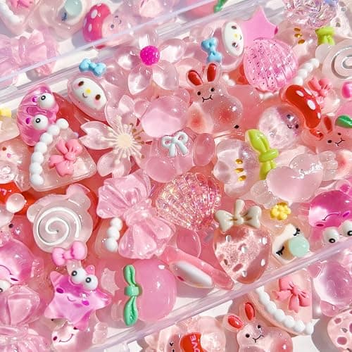FULUSODO 60pcs Cute Set, Pink Flat Back Bulk Mixed Resin Set Ornament Scrapbooking thumbnail 3