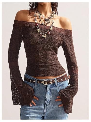 BEAUDRM Women's Lace Off The Shoulder Tops Boho Western Bell Sleeve Top | Sheer Mesh, Foral Lace, Flare Sleeve, Long Sleeve, Boho, Western, Gothic, Fitted T Shirts thumbnail 5