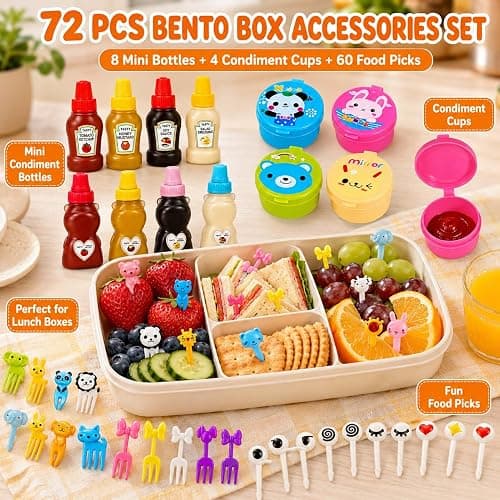 WXOIEOD 72 Pack Lunch Box Accessories, Including Mini Ketchup Bottle Bear Shaped Condiment Squeeze Bottles Small Sauce Containers Animal Food Picks for Travel Bento Box Picnic thumbnail 2