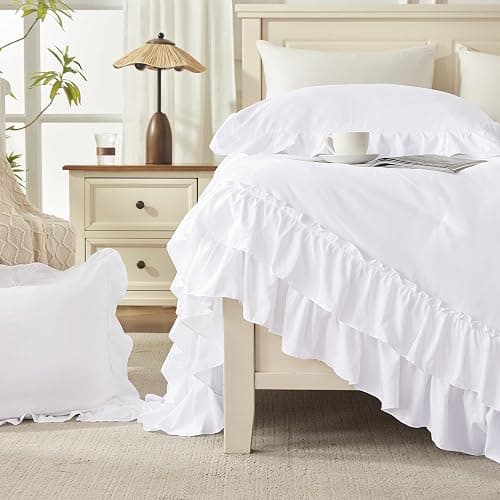 Andency White Comforter Set Queen Size, Lightweight Fluffy Farmhouse White Ruffle Bedding Set, Soft Polyester All Season Shabby Chic Bed Comforter Set 3 Pieces(1 Ruffle Comforter 2 Pillowcases) thumbnail 6