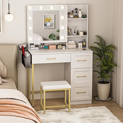 BONITURE Vanity Desk with Mirror, LED Lights and Power Outlet Makeup Vanity Table Set, Makeup Table with Stool 2 Drawers, 3 Color Modes Available for Bedroom,White+Gold - Image 1