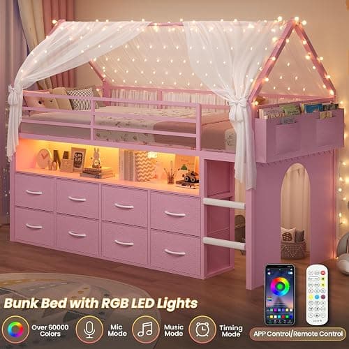 BTHFST Twin Size Loft Bed for Kids, 8 Storage Drawers & LED Lights, House Shaped Metal Bed with Bookcase, Soft Foam Ladder, 13.4" Safety Guardrail, Space Saving, Fun Curtain thumbnail 4