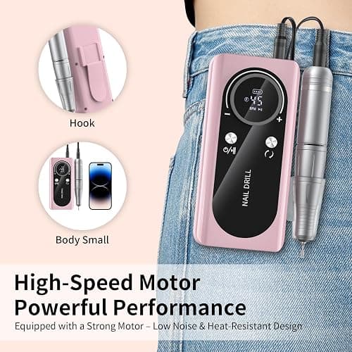 Electric Nail Drill Machine 45,000RPM - Professional Electric and Rechargeable Nail Drill with LCD Display, 6 Bits and 30 Sanding Bands, Low Heat Quiet E-File for Acrylic Gel Nails (Pink) thumbnail 8
