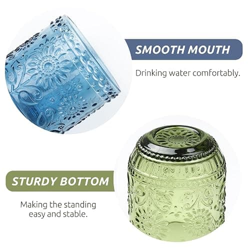 Joeyan Trinkgläser Set Bunte, 4 teiliges 360 ml Hochwertige Gläser Set für 4 Personen, Farbig Wassergläser Spülmaschinenfest, Saftgläser, Modernes Blume Embossed Design für Picknicks, Camping, Partys thumbnail 7