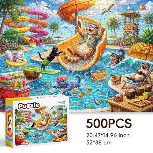 ROSE RAIN Premium 500 Piece Jigsaw Puzzle for Adults Funny Cat Water Park | Orange splash summer art with letters on back and dust-free thick HD board for relaxing solo play, family fun and cool gifts. thumbnail 7