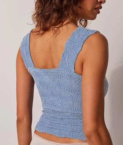 Women's Square Neck Wide Strap Crop Tank Tops Flower Going Out Tops Slim Fit Lettuce Trim Crop Cami Tops thumbnail 3