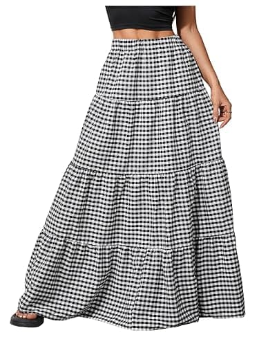 MakeMeChic Women's Plaid Maxi Skirts A Line Ruffle Tiered Layer Y2K Flowy Casual Long Skirts - Image 1