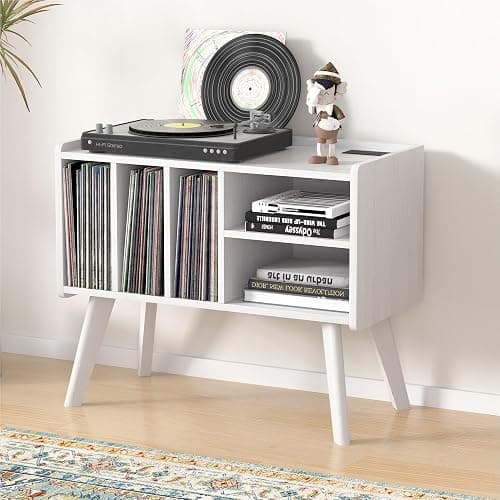 Forevich Record Player Stand Table with Vinyl Storage Holder Large Turntable Record Stand with Power Outlet Holds Up to 220 Albums Display Shelf Cabinet with Wood Legs for Living Room White - White thumbnail 9