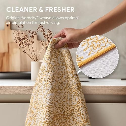 RECYCO Waffle Kitchen Towel Set of 2 - Quick Dry Microfiber Sustainable Dish Towels - Ultra Absorbent Reusable Cleaning Tea Towels - Lightweight Hand Towels,16”x 28”, Marigold Mosaic thumbnail 5