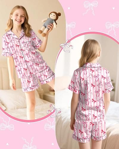 Sylfairy Girls Pajamas Silk PJS Set Pink Bow Satin Sleepwear Short Sleeve Jammies for Kids Button-Down Nightwear size 7-14 thumbnail 2