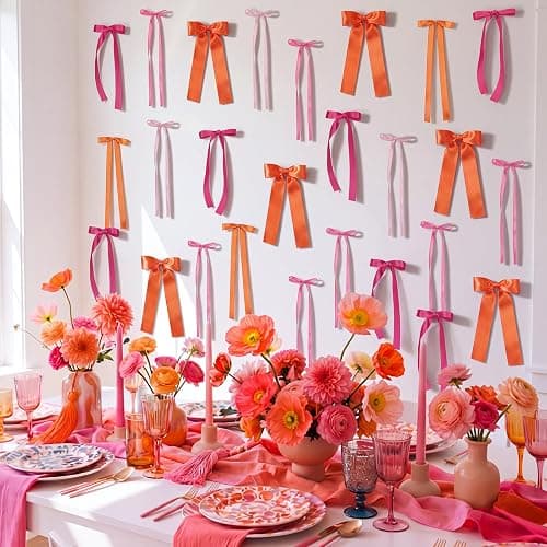 40 Pack Pink and Orange Bow Wall Decor for Sunset Party | DIY Bow Photo Backdrop, Tequila Sunrise Party Decorations for Women Girls, Bachelorette, Wedding, Birthday Decor thumbnail 7