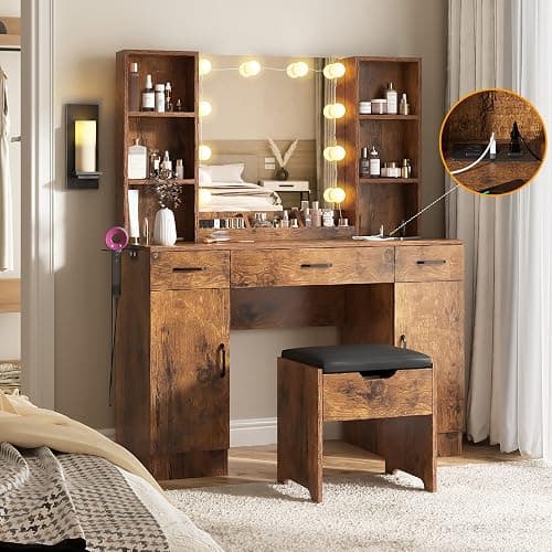 Vabches Makeup Vanity Desk with Lighted Mirror & Power Strip, Large Brown Vanity Table Set Rustic Farmhouse Style with Storage Stool, 3 Lighting Modes, Brightness Adjustable, 45.2in (W) - Image 1