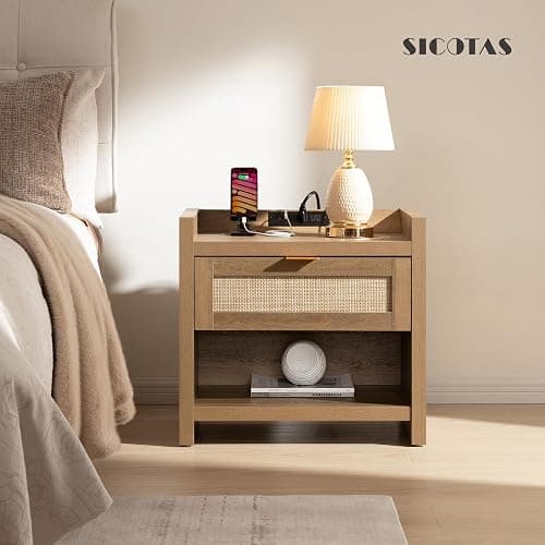 SICOTAS Night Stand Set of 2 Nightstands - Rattan Bed Side Table with Drawer Storage,Type-C Charging Station End Table - Boho Bedside Night Stands for Bedroom - Natural Oak thumbnail 6