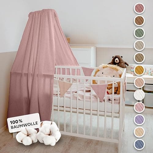 lilimaus Betthimmel Babybett [in 12 Farben] Himmel Babybett aus 100% Baumwolle Musselin - Betthimmel Mädchen & Jungen - Himmelbett Vorhänge als Kinderzimmer & Babyzimmer Deko - Baby Bett Vorhang - Puderrosa - ohne Himmelstange - Image 1